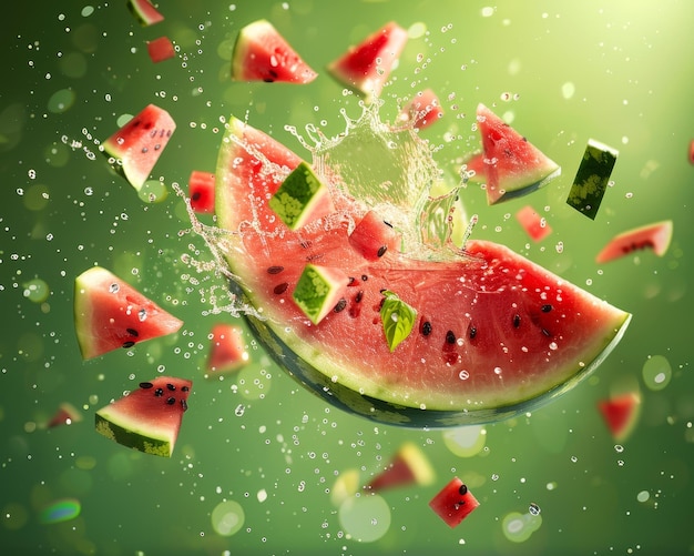 Stock photo of a watermelon with slices flying through the air splashes of juice and pulp around it