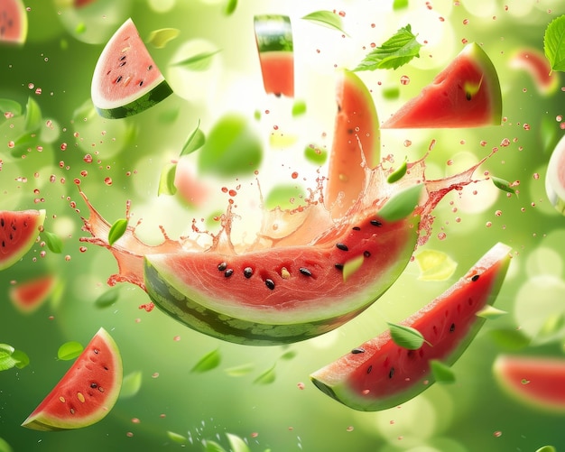 Stock photo of a watermelon with slices flying through the air splashes of juice and pulp around it