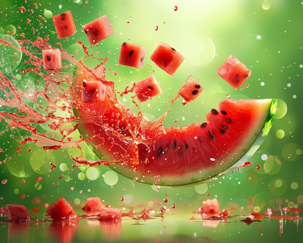 Stock photo of a watermelon with slices flying through the air splashes of juice and pulp around it