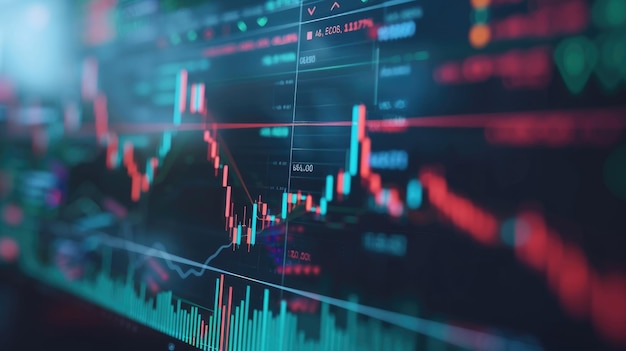 A stock photo with a blue color monitor background depicting a detailed financial chart showing an upward trending line candlestick graph ideal for design purposes