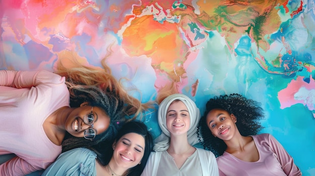 Photo stock photography of realistic represent a slogan in support of women around the world pastel colors