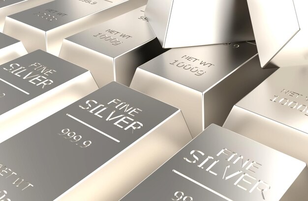 Stock of silver bullion in silvered background 3d rendering illustration