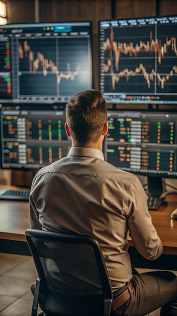 Stock Trader Analyzing Financial Data on Multiple Monitors