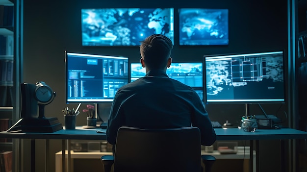 Stock Trader Man Using Multiple Monitors while working at night Back viewCreated with Generative AI technology