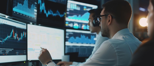 Stock traders immersed in market analysis on screens