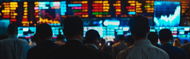 Stock traders working on a busy trading floor with digital screens displaying market data and stock