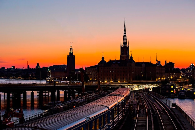 Stockholm skyline at sunset, beautiful sunset over Stockholm Old town (Gamla  Stan)