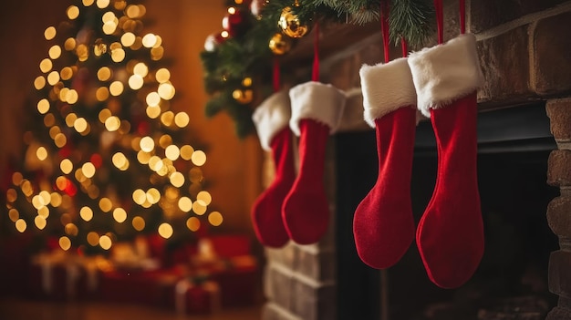 Stockings hanging from a fireplace with christmas lights AI