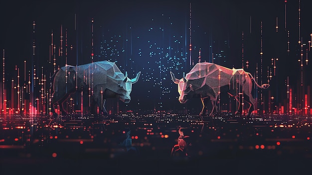 Stockmarket exchange with bull in a dark backdrop and market candles with space for text or advertisement backdrop Generative AI