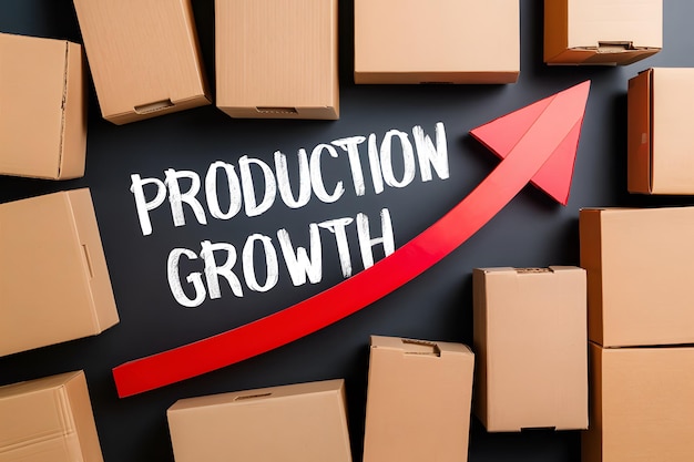 StockPhoto Cardboard boxes with red up arrow indicating production growth