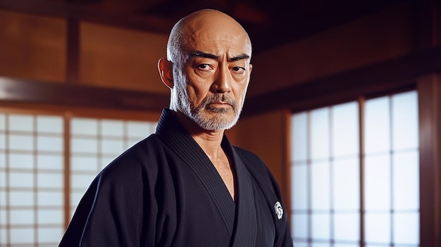 Photo a stoic elderly japanese man in a black kimono looking directly at the camera