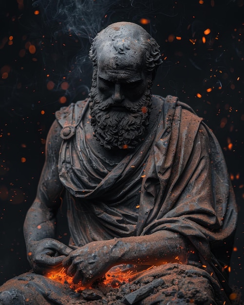 Stoic Figure with Intense Expression and Floating Embers