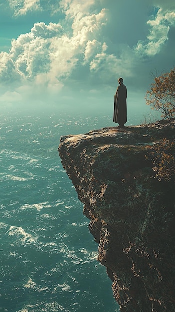 Photo a stoic philosopher stands at edge of cliff gazing thoughtfully over vast ocean dramatic clouds and serene waters create contemplative atmosphere