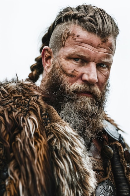 Stoic Viking chieftain with intense gaze isolated on white