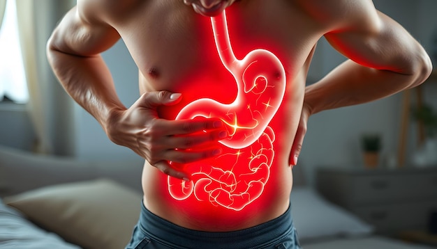 Photo stomach ulcer man with abdominal pain suffering at home symptoms of gastritis diseases of the