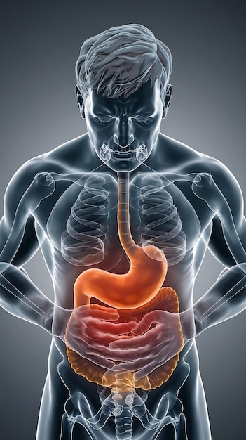 Photo stomach ulcer man with abdominal pn suffering on a gray background symptoms of gastritis diseases o