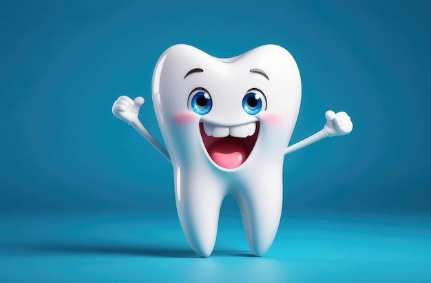 stomatology concept pediatric dentistry funny cartoon character of white tooth with smile