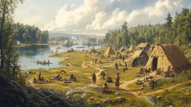 Photo stone age settlement hunters and daily activities in wideangle view