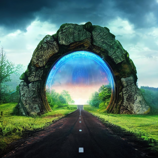 a stone ancient road built by advanced civilization that goes into a magic teleport portal