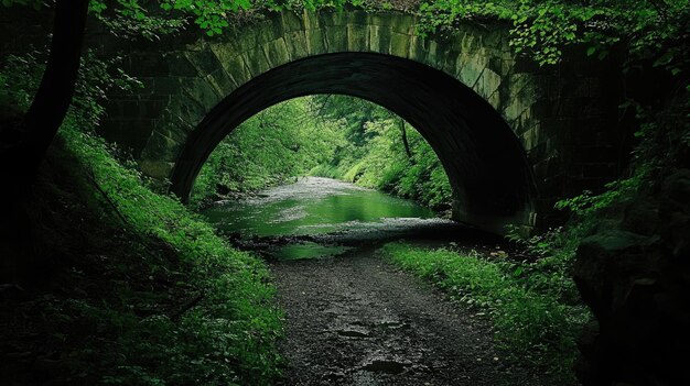 A stone arch bridge over a flowing stream in a lush green forest