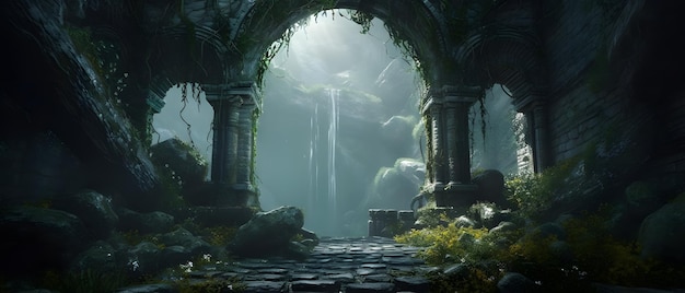 A stone arch in a dark forest with a waterfall in the background.