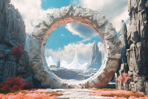 a stone arch in a desert with a sky background