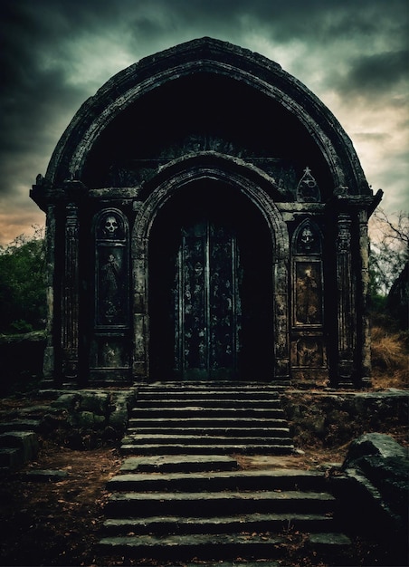 a stone arch with a cross on the top of it