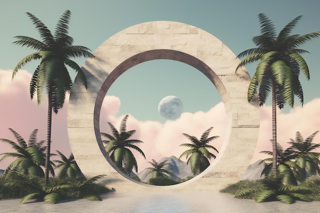 Stone arch with palm trees and moon in sky