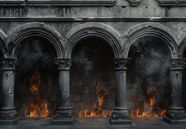 Photo stone arches with fire and smoke