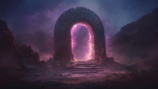 Photo a stone archway with glowing purple light leads to an unknown destination in a mystical landscape