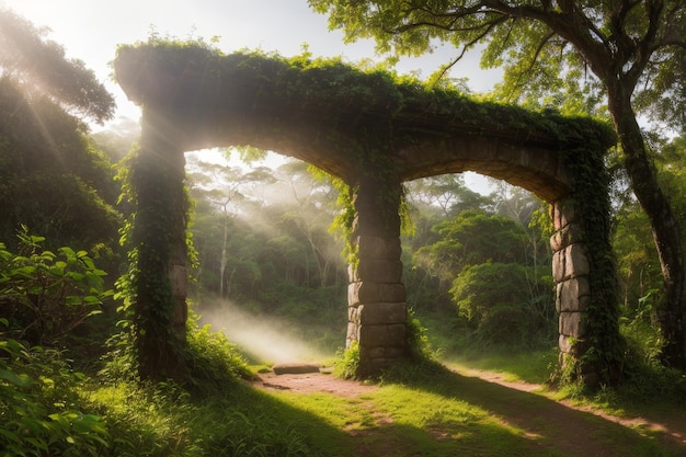 a stone archway with moss growing on the top of it