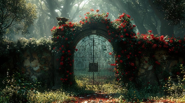 Photo a stone archway with roses and a sign in the middle of it