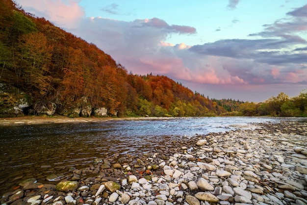 Stone bank against colorful trees growing on hills in autumn