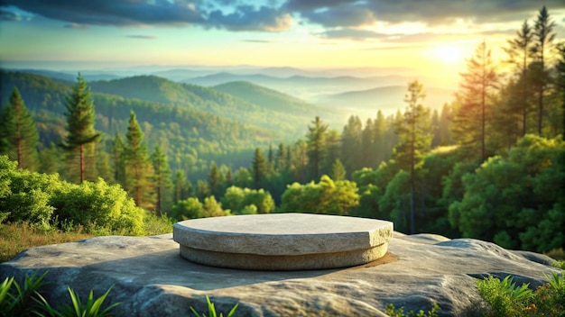 a stone bench in a forest with trees in the background