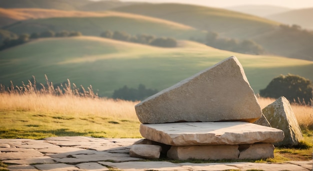 a stone bench on top of a mountain of a beautiful sunset