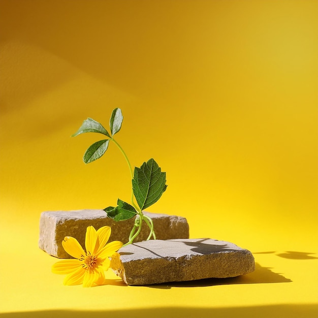 Stone Blocks Decorated with Yellow Flower and Green Leaves on Yellow Background