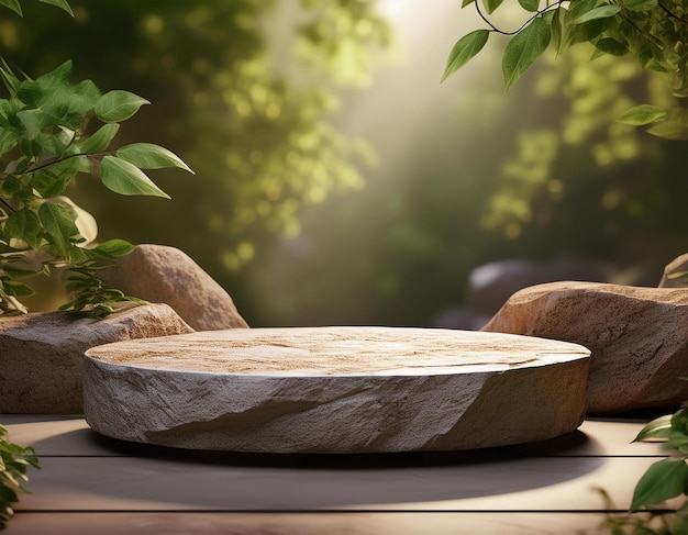 a stone bowl with a tree in the background