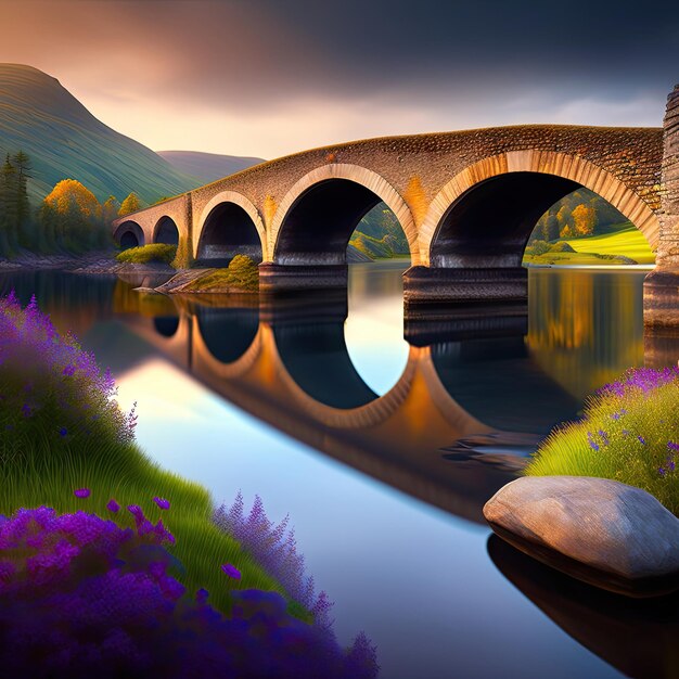 Stone bridge crosses a river in the Lake District Digital artwork