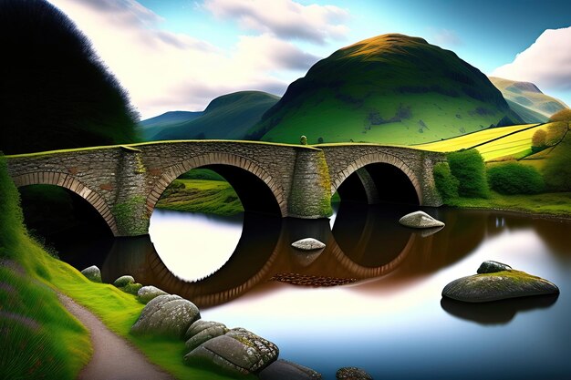 Stone bridge crosses a river in the Lake District Digital artwork