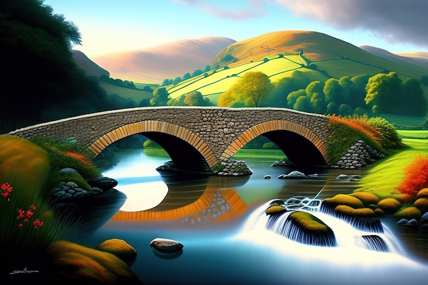 Stone bridge crosses a river in the Lake District Digital artwork