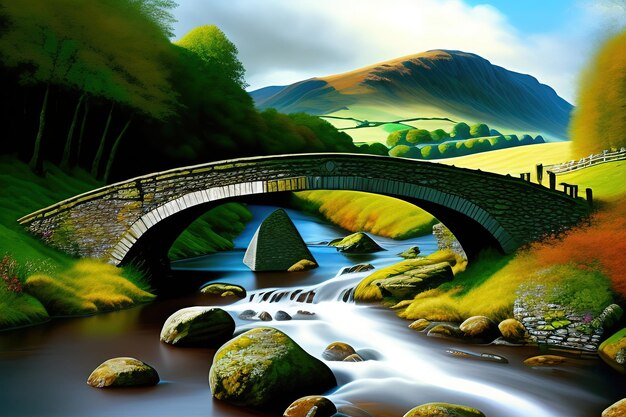 Stone bridge crosses a river in the Lake District Digital artwork