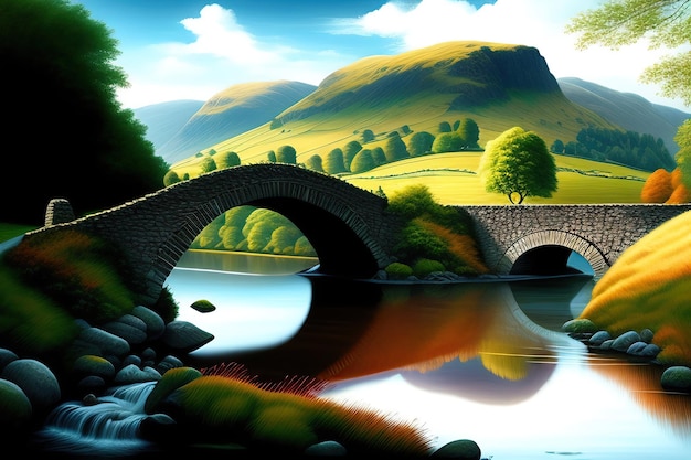 Stone bridge crosses a river in the Lake District Digital artwork