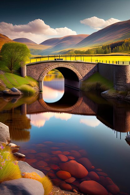 Stone bridge crosses a river in the Lake District Digital artwork