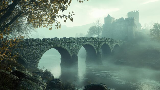 Stone Bridge Leading to a Misty Castle