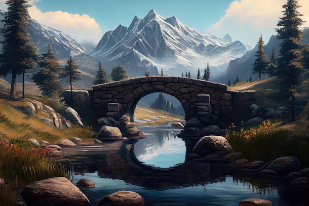 Stone bridge over a serene mountain stream with towering peaks in the background