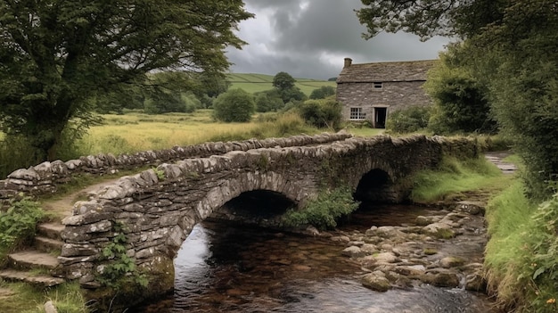 A stone bridge over a stream with a stone bridge in the foreground.