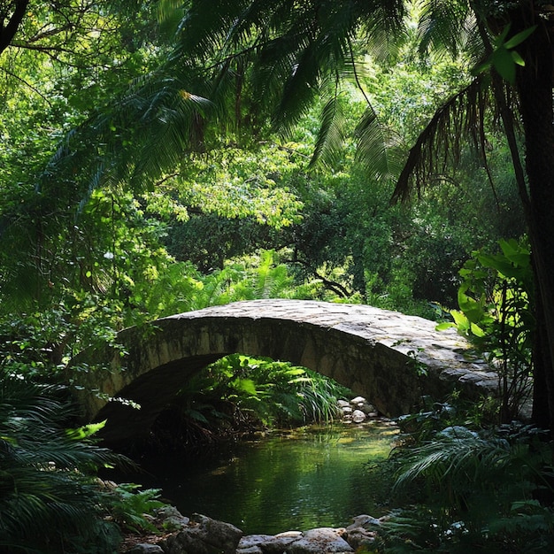 Photo a stone bridge surrounded by lush greenery