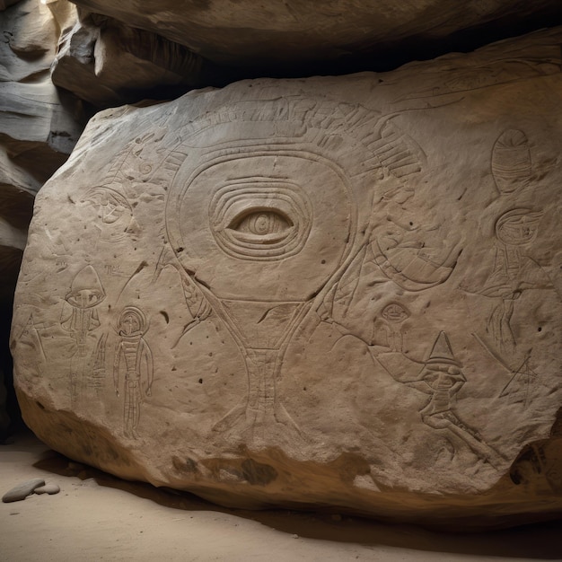 a stone carving of an eye is on the side of a cave