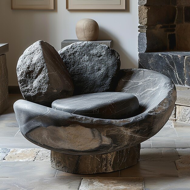 Photo a stone chair with a large piece of rock on it