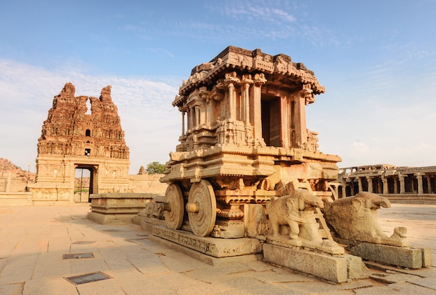 Stone chariot in Hampi Vittala Temple at sunset